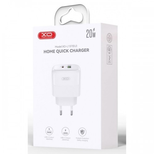 Τροφοδοτικό 230V in -> 1 x USB A + 1 x USB C Out 5V 5A PD20W + QC18W λευκό L137 XO